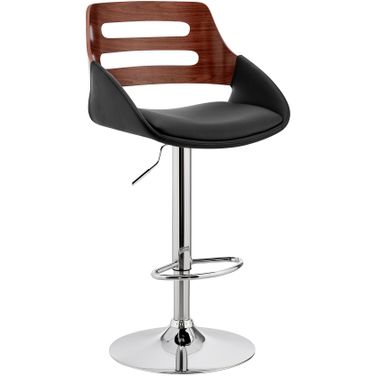 Karter Adjustable Black Faux Leather and Walnut Wood Bar Stool with Chrome Base