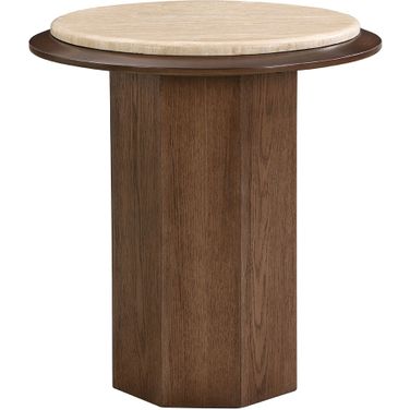 Kasha End Table In Travertine and Walnut