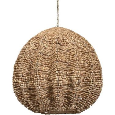 Kauri 5 Light Wooden Bead Pendant In Brass