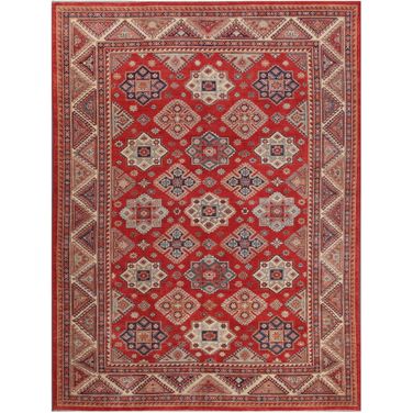 Kazak Collection Hand-Knotted Lamb's Wool Area Rug- 10' x 13' 7" In Ivory and Rust