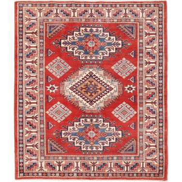 Kazak Collection Hand-Knotted Wool Area Rug- 4'11" x 5'11" In Ivory and Rust