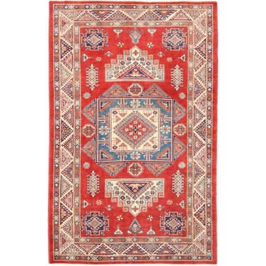 Kazak Collection Wool Area Rug- 6' 2" x 9'10" In Ivory and Rust