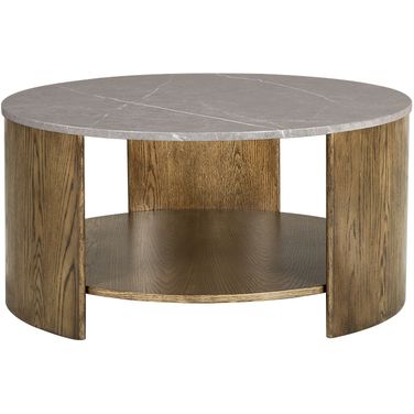 Keegan Round Mixed Material Coffee Table with Shelf In Oak and Marble