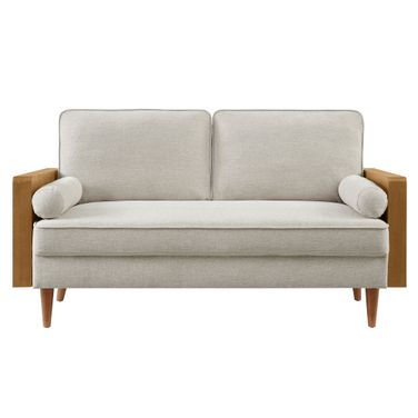 Kellan Heathered Weave Fabric Loveseat In Walnut and Heathered Weave Ivory