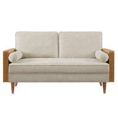 Kellan Heathered Weave Fabric Loveseat In Walnut and Heathered Weave Light Beige
