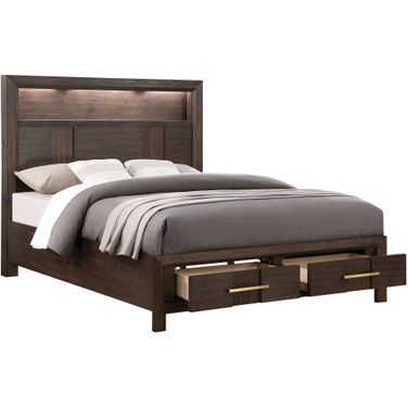 Kenzo Full Bed with LED Headboard and Bookshelf In Walnut