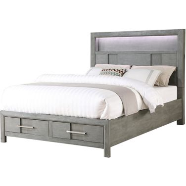 Kenzo Queen Bed with LED Headboard and Bookshelf In Gray