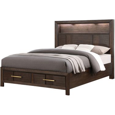 Kenzo Queen Bed with LED Headboard and Bookshelf In Walnut