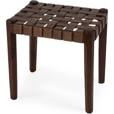 Kerry Leather Woven Stool In Dark Brown