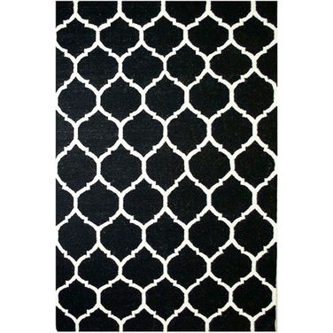Kilim Collection Hand-Woven Lamb's Wool Area Rug- 5' x 8' In Black and Ivory