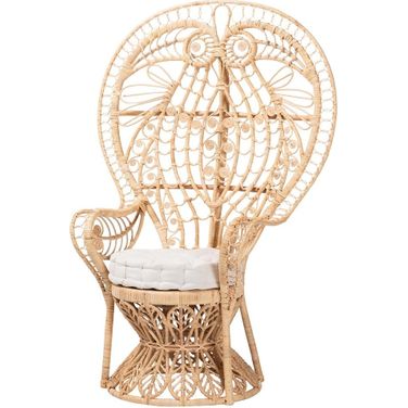 Kimiko Handwoven Rattan Peacock Accent Chair with Cushion In Natural Brown