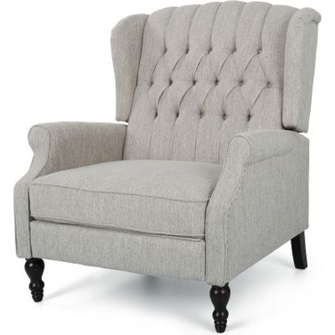 Kind Upholstered Recliner Chair with Nailhead Trim and Button Tufted Diamond Stitch In Light Grey