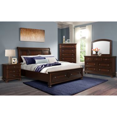 Kingsley Sleigh Bedroom Set With Storage Footboard and Non-Storage Rails In Cherry Brown