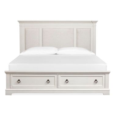 Kingston King Upholstered Panel Storage Bed In Whisper White And Cerused Nutmeg