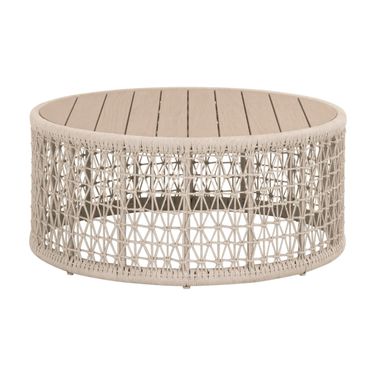 Knit Outdoor Round Coffee Table In Oat Flat Rope and Washed Ever Teak