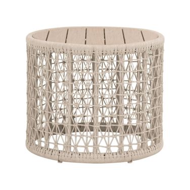 Knit Outdoor Round End Table In Oat Flat Rope and Washed Ever Teak