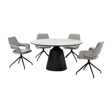 Knox Penny 5 Piece Dining Set with Stone Top and Upholstered Swivel Chairs In Gray
