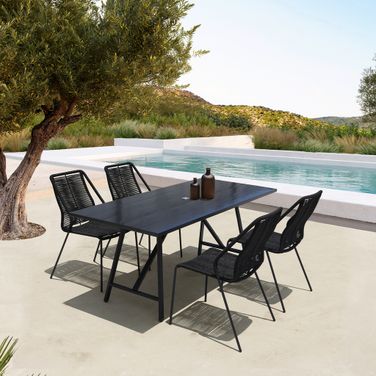 Koala and Clip 5-Piece Dining Set In Dark Eucalyptus Wood and Metal with Black Rope