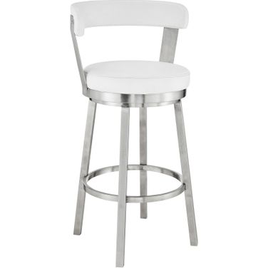 Kobe 26 Inch Counter Height Swivel Bar Stool In Brushed Stainless Steel Finish and White Faux Leather