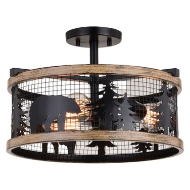 Kodiak 16 Inch 3 Light Semi-Flush In Black and Burnished Teak