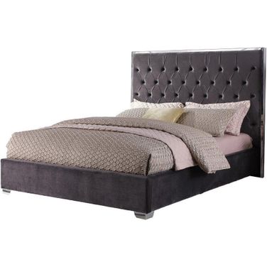 Kressa Velour Fabric Tufted California King Platform Bed In Dark Gray