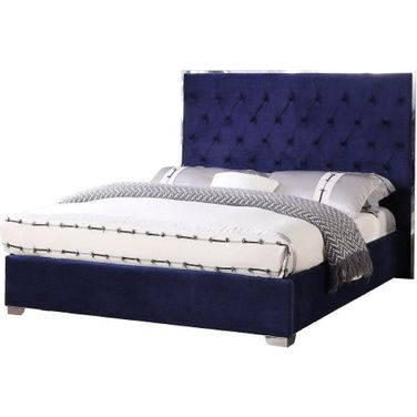Kressa Velour Fabric Tufted Eastern King Platform Bed In Blue