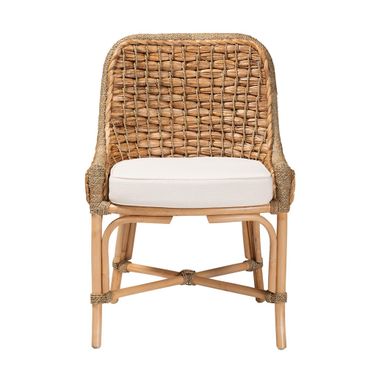 Kyle Woven Rattan Dining Side Chair With Cushion In Natural Brown and White