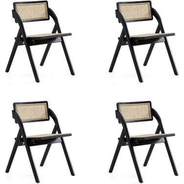 Lambinet Folding Dining Chair In Black And Natural Cane Set of 4