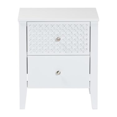 Lara 2-Drawer Nightstand with Laser-Cut Geometric Overlay In White