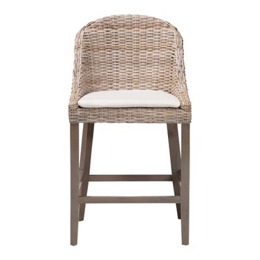 Lara Kubu Rattan Handwoven Wicker Counter Stool with Cushion and Wingback Design In Grey and White