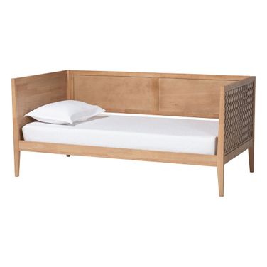 Lara Modern Wood Twin Daybed with Wraparound Laser-Cut Decorative Headboard Overlay In Oak Brown