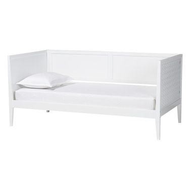 Lara Modern Wood Twin Daybed with Wraparound Laser-Cut Decorative Headboard Overlay In White