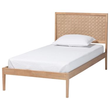 Lara Modern Wood Twin Platform Bed with Laser-Cut Decorative Headboard Overlay In Oak Brown