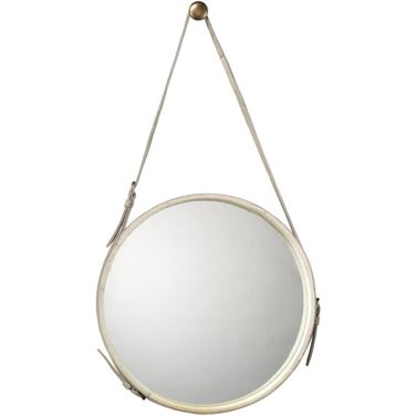 Round Steel Mirror In White Hide