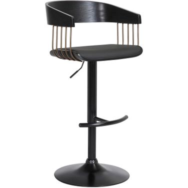 Larisa Adjustable Black Wood Bar Stool In Black Faux Leather with Golden Bronze and Black Metal