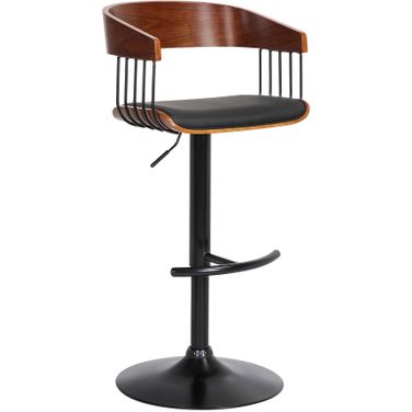 Larisa Adjustable Walnut Wood Bar Stool In Black Faux Leather with Black Metal