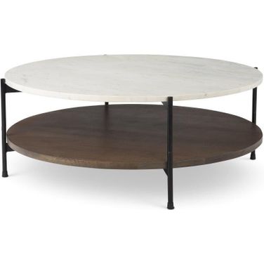 Larkin 42 Inch Round Two-Tier White Marble Top And Solid Wood Shelf With Black Metal Frame Coffee Table