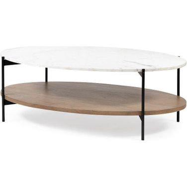 Larkin 48 Inch Oval White Marble Top And Solid Wood Shelf With Black Metal Frame Coffee Table
