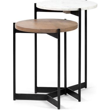 Larkin Ii Marble And Medium Brown Wood Round Tabletop Nesting Side Tables