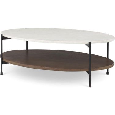 Larkin White Marble Top With Dark Brown Wood Shelf Oval Coffee Table