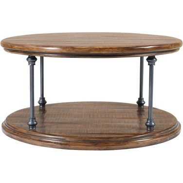 Larson 36 Inch Round Solid Wood Coffee Table with Shelf In Distressed Brown