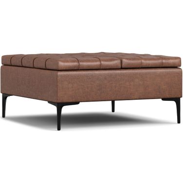 Laura Vegan Faux Leather Lift Top Storage Ottoman In Distressed Saddle Brown