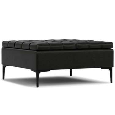 Laura Vegan Faux Leather Mid Century Lift Top Storage Ottoman In Midnight Black