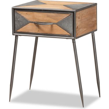 Laurel Metal and Whitewashed Wood 1 Drawer End Table In Antique Grey and Oak Brown