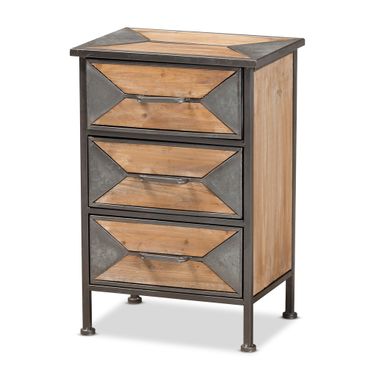 Laurel Metal and Whitewashed Wood 3 Drawer End Table In Antique Grey and Oak Brown