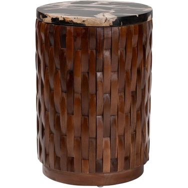 Lavanya Petrified Wood Drum End Table In Black And Cream