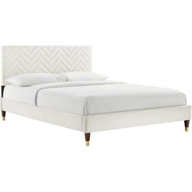 Leah Chevron Tufted Performance Velvet Queen Platform Bed In White MOD-6969-WHI