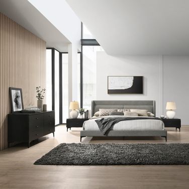 Legend 4-Piece Gray Fabric King Platform Bedroom Set with Dresser and Nightstands