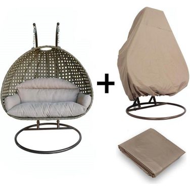 Beige Wicker Hanging 2 Person Egg Swing Chair With Outdoor Cover In Beige