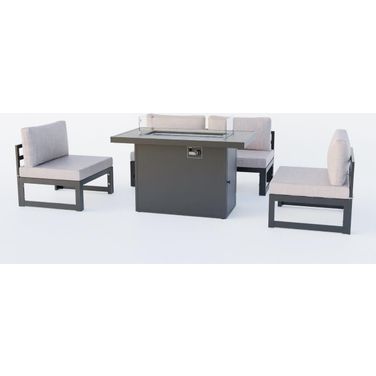 LeisureMod Chelsea 5-Piece Middle Patio Chairs and Fire Pit Table Set Black Aluminum With Cushions In Beige